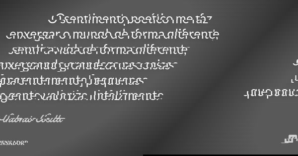 O sentimento poético me faz enxergar o mundo de forma diferente, sentir a vida de forma diferente, enxergando grandeza nas coisas [aparentemente] pequenas que p... Frase de Antonio Costta.