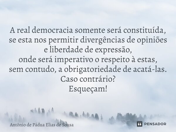 ⁠A real democracia somente será constituída, se esta nos permitir divergências de opiniões e liberdade de expressão, onde será imperativo o respeito à estas, se... Frase de Antônio de Pádua Elias de Sousa.