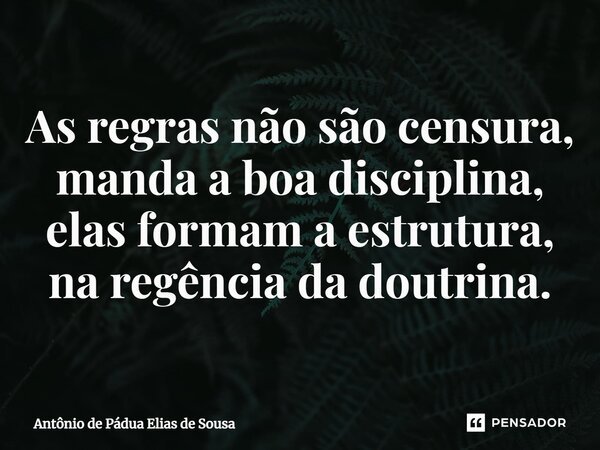 ⁠As regras não são censura, manda a boa disciplina, elas formam a estrutura, na regência da doutrina.... Frase de Antônio de Pádua Elias de Sousa.