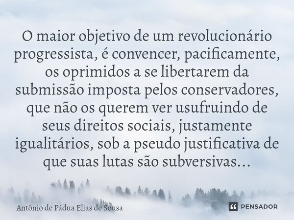 ⁠O maior objetivo de um revolucionário progressista, é convencer, pacificamente, os oprimidos a se libertarem da submissão imposta pelos conservadores, que não ... Frase de Antônio de Pádua Elias de Sousa.