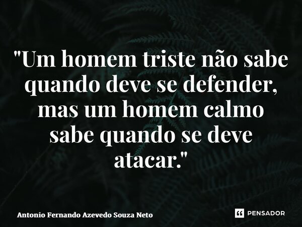 "Um homem triste não sabe quando deve se defender, mas um homem calmo sabe quando se deve atacar."... Frase de Antonio Fernando Azevedo Souza Neto.