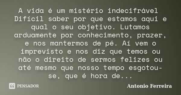 A vida é um mistério indecifrável Difícil saber por que estamos aqui e qual o seu objetivo. Lutamos arduamente por conhecimento, prazer, e nos mantermos de pé. ... Frase de Antonio Ferreira.