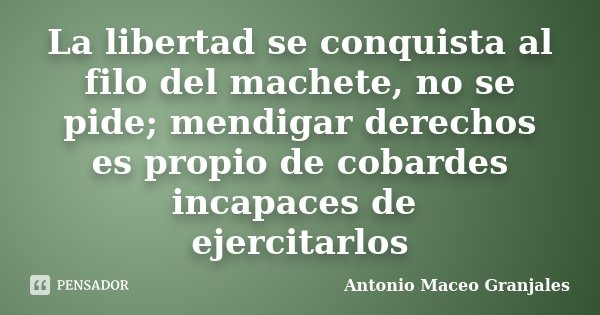 La libertad se conquista al filo del machete, no se pide; mendigar derechos es propio de cobardes incapaces de ejercitarlos... Frase de Antonio Maceo Granjales.