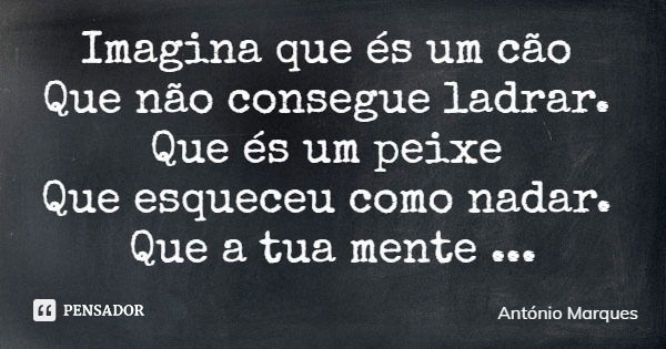 Imagina que és um cão Que não consegue ladrar. Que és um peixe Que esqueceu como nadar. Que a tua mente Perdeu a capacidade De sentir felicidade De sentir amabi... Frase de António Marques.