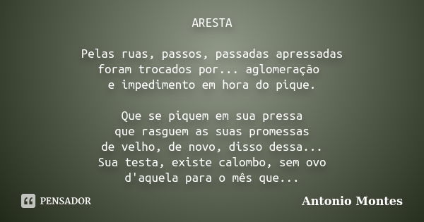 ARESTA Pelas ruas, passos, passadas apressadas foram trocados por... aglomeração e impedimento em hora do pique. Que se piquem em sua pressa que rasguem as suas... Frase de Antonio Montes.