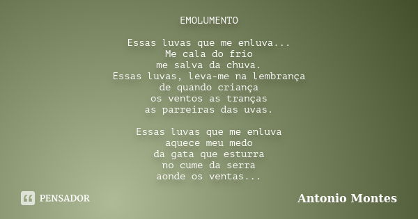 EMOLUMENTO Essas luvas que me enluva... Me cala do frio me salva da chuva. Essas luvas, leva-me na lembrança de quando criança os ventos as tranças as parreiras... Frase de Antonio Montes.