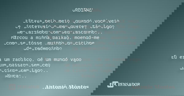 ORDINAL Estava pelo meio, quando você veio e, interveio o meu querer, tão logo, me carimbou com seu rascunho... Marcou a minha paixão, moendo-me como se fosse, ... Frase de Antonio Montes.