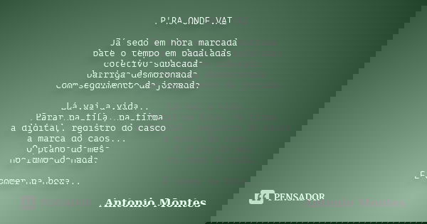 P'RA ONDE VAI Já sedo em hora marcada bate o tempo em badaladas coletivo subacada barriga desmoronada com seguimento da jornada. Lá vai a vida... Parar na fila,... Frase de Antonio Montes.