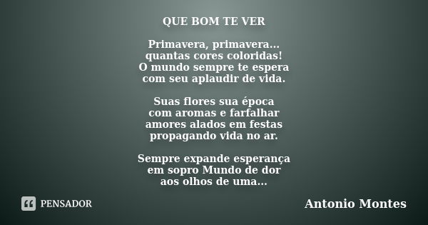 QUE BOM TE VER Primavera, primavera... quantas cores coloridas! O mundo sempre te espera com seu aplaudir de vida. Suas flores sua época com aromas e farfalhar ... Frase de Antonio Montes.