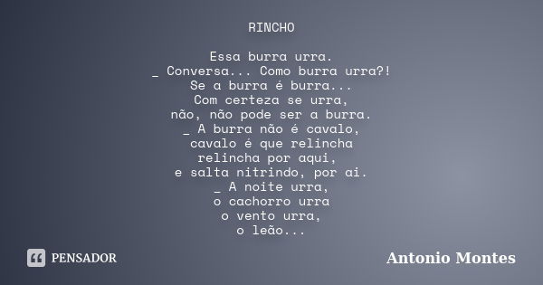 RINCHO Essa burra urra. _ Conversa... Como burra urra?! Se a burra é burra... Com certeza se urra, não, não pode ser a burra. _ A burra não é cavalo, cavalo é q... Frase de Antonio Montes.