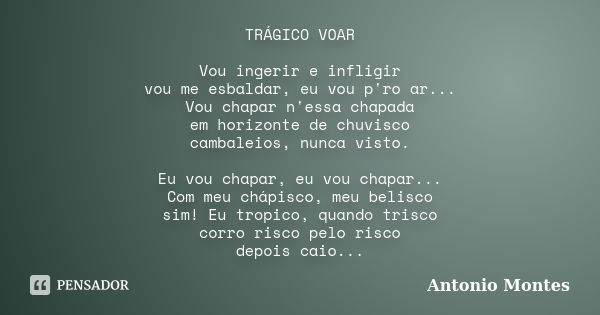 TRÁGICO VOAR Vou ingerir e infligir vou me esbaldar, eu vou p'ro ar... Vou chapar n'essa chapada em horizonte de chuvisco cambaleios, nunca visto. Eu vou chapar... Frase de Antonio Montes.