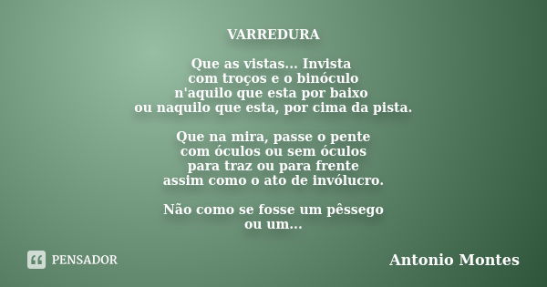 VARREDURA Que as vistas... Invista com troços e o binóculo n'aquilo que esta por baixo ou naquilo que esta, por cima da pista. Que na mira, passe o pente com óc... Frase de Antonio Montes.