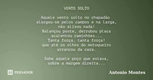 VENTO SOLTO Aquele vento solto no chapadão alargou-se pelos campos e na larga, não alisou nada! Balançou poste, derrubou placa acalentou caminhões... Tanta forç... Frase de Antonio Montes.