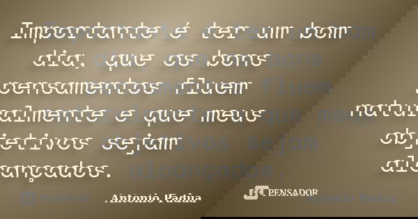 Importante é ter um bom dia, que os bons pensamentos fluem naturalmente e que meus objetivos sejam alcançados.... Frase de Antonio Padua.