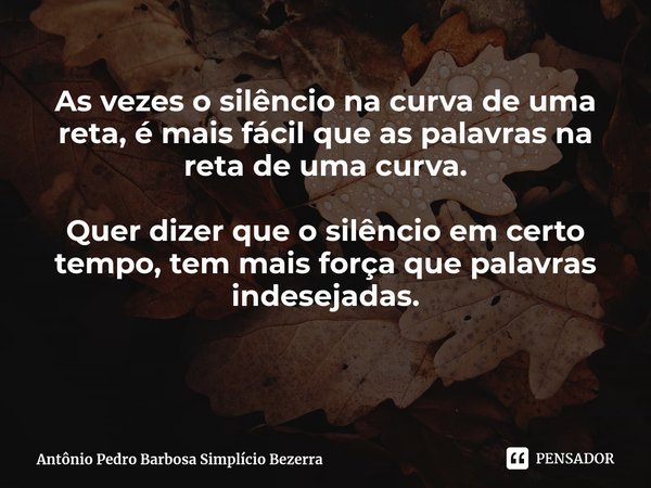 As vezes o silêncio na curva de uma reta, é mais fácil que as palavras na reta de uma curva. Quer dizer que o silêncio em certo tempo, tem mais força que palavr... Frase de Antônio Pedro Barbosa Simplício Bezerra.