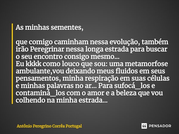 As minhas sementes, que comigo caminham nessa evolução, também irão Peregrinar nessa longa estrada para buscar o seu encontro consigo mesmo... Eu kkkk como louc... Frase de Antonio Peregrino Correa Portugal.