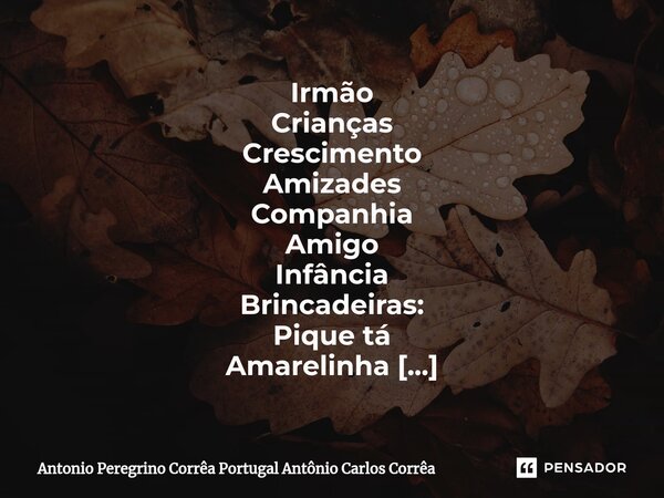 ⁠Irmão Crianças Crescimento Amizades Companhia Amigo Infância Brincadeiras: Pique tá Amarelinha Esconde esconde Bandeirinha: difícil me pegarem Eu corria muito.... Frase de Antonio Peregrino Corrêa Portugal Antônio Carlos Corrêa.