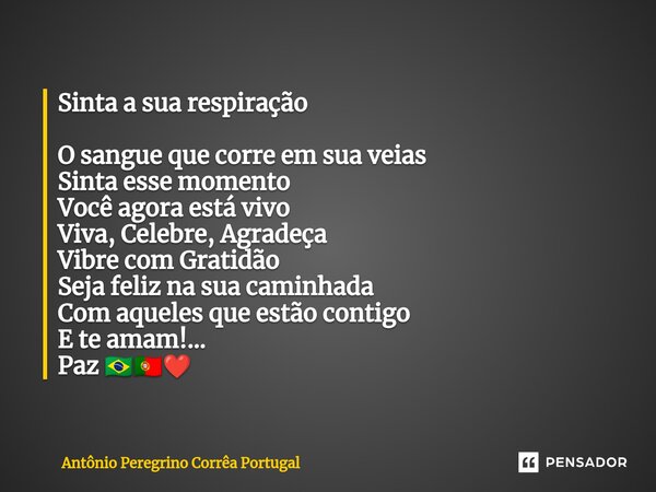 Sinta asua respiração O sangue que corre em sua veias Sinta esse momento Você agora está vivo Viva, Celebre, Agradeça Vibre com Gratidão Seja feliz na sua cami... Frase de Antonio Peregrino Correa Portugal.