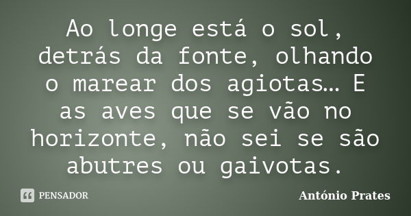 Ao longe está o sol, detrás da fonte, olhando o marear dos agiotas… E as aves que se vão no horizonte, não sei se são abutres ou gaivotas.... Frase de António Prates.