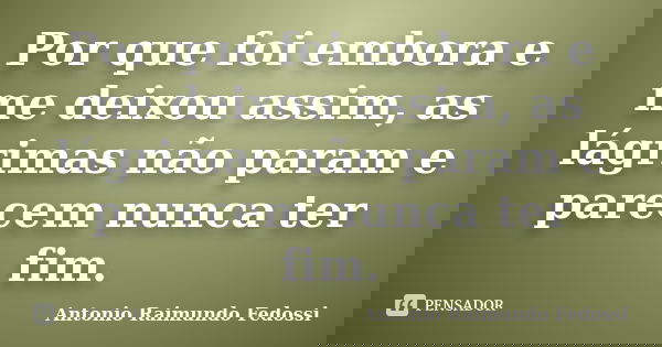 Por que foi embora e me deixou assim, as lágrimas não param e parecem nunca ter fim.... Frase de ANTONIO RAIMUNDO FEDOSSI.