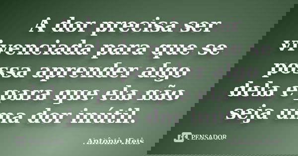 A dor precisa ser vivenciada para que se possa aprender algo dela e para que ela não seja uma dor inútil.... Frase de Antônio Reis.