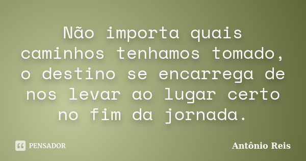 Não importa quais caminhos tenhamos tomado, o destino se encarrega de nos levar ao lugar certo no fim da jornada.... Frase de Antônio Reis.