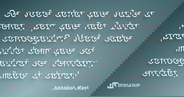 Se você acha que vale a pena, por que não luta pra conseguir? Você sabe muito bem que só conseguirá se tentar; então, mãos à obra!... Frase de Antônio Reis.