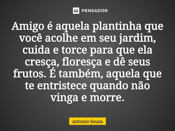 Amigo é aquela plantinha que você acolhe em seu jardim, cuida e torce para que ela cresça, floresça e dê seus frutos. É também, aquela que te entristece quando ... Frase de Antonio Souza.