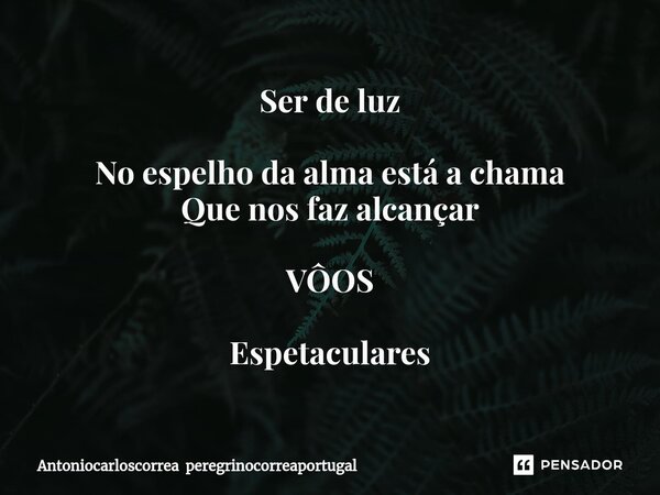 Ser de luz ⁠No espelho da alma está a chama Que nos faz alcançar VÔOS Espetaculares... Frase de Antoniocarloscorrea peregrinocorreaportugal.