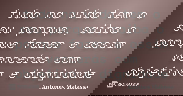 tudo na vida tem o seu porque, saiba o porque fazer e assim vencerás com objetivo e dignidade... Frase de Antunes Malassa.