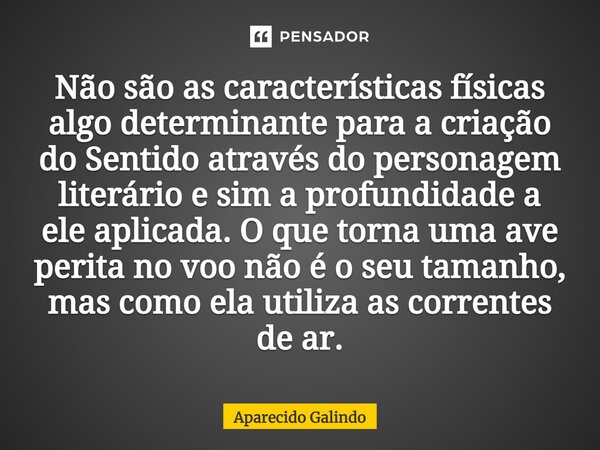 ⁠Não são as características físicas algo determinante para a criação do Sentido através do personagem literário e sim a profundidade a ele aplicada. O que torna... Frase de Aparecido Galindo.