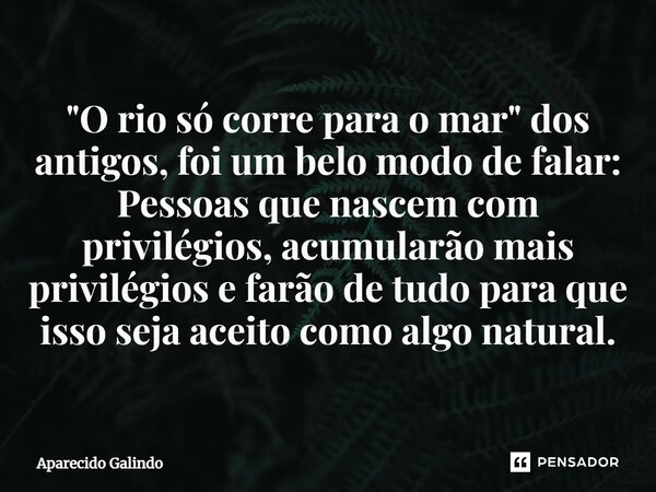 "⁠O rio só corre para o mar" dos antigos, foi um belo modo de falar: Pessoas que nascem com privilégios, acumularão mais privilégios e farão de tudo p... Frase de Aparecido Galindo.