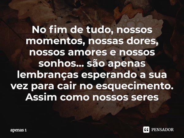 No fim de tudo, nossos momentos, ⁠nossas dores, nossos amores e nossos sonhos... são apenas lembranças esperando a sua vez para cair no esquecimento. Assim como... Frase de apenas 1.