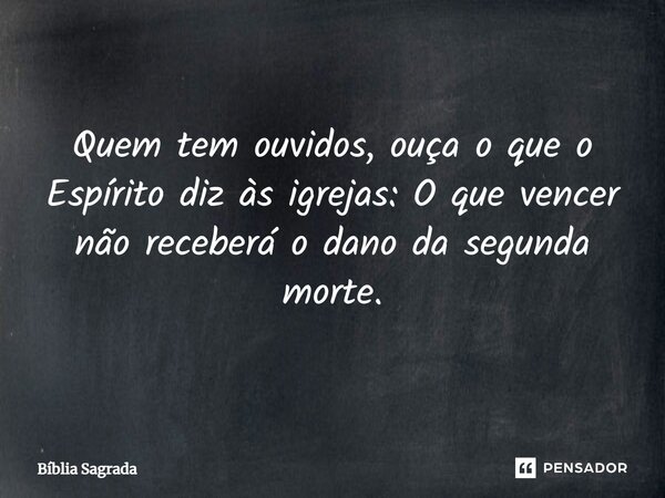 Quem tem ouvidos, ouça o que o Espírito diz às igrejas: O que vencer não receberá o dano da segunda morte.... Frase de Bíblia Sagrada.