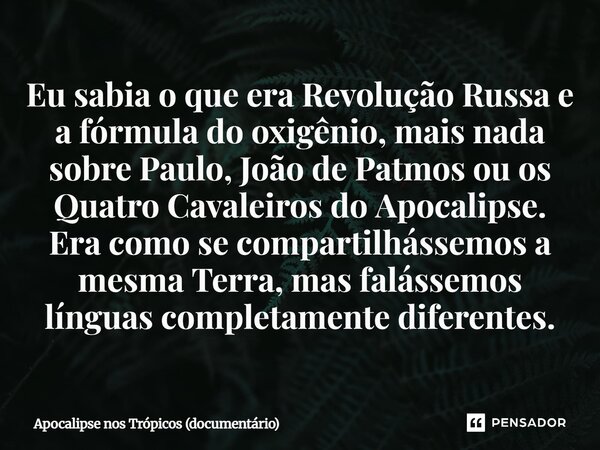Eu sabia o que era Revolução Russa e a fórmula do oxigênio, mais nada sobre Paulo, João de Patmos ou os Quatro Cavaleiros do Apocalipse. Era como se compartilh... Frase de Apocalipse nos Trópicos (documentário).