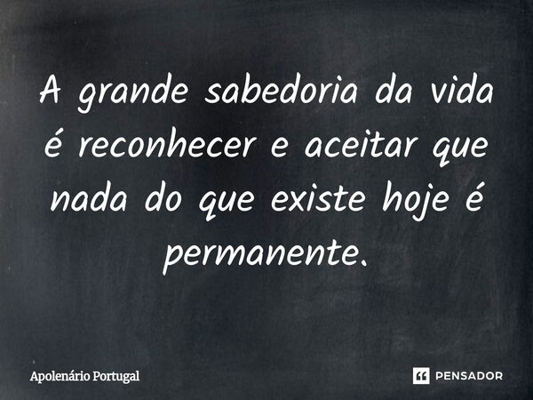 ⁠A grande sabedoria da vida é reconhecer e aceitar que nada do que existe hoje é permanente.... Frase de Apolenário Portugal.