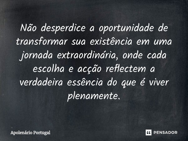 ⁠Não desperdice a oportunidade de transformar sua existência em uma jornada extraordinária, onde cada escolha e acção reflectem a verdadeira essência do que é v... Frase de Apolenário Portugal.