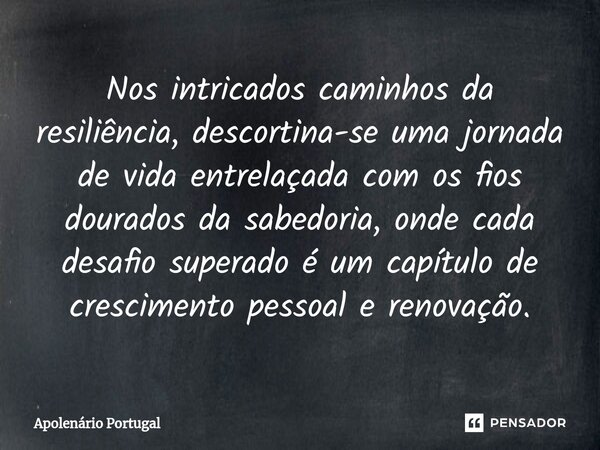 ⁠Nos intricados caminhos da resiliência, descortina-se uma jornada de vida entrelaçada com os fios dourados da sabedoria, onde cada desafio superado é um capítu... Frase de Apolenário Portugal.