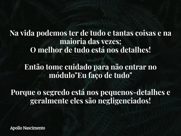 Na vida podemos ter de tudo e tantas coisas e na maioria das vezes; O melhor de tudo está nos detalhes! Então tome cuidado para não entrar no módulo "Eu fa... Frase de Apollo Nascimento.
