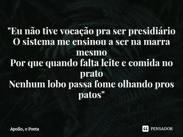 "⁠Eu não tive vocação pra ser presidiário
O sistema me ensinou a ser na marra mesmo
Por que quando falta leite e comida no prato
Nenhum lobo passa fome olh... Frase de Apollo, o Poeta.