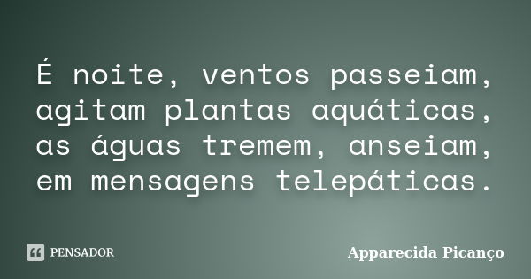 É noite, ventos passeiam, agitam plantas aquáticas, as águas tremem, anseiam, em mensagens telepáticas.... Frase de Apparecida Picanço.