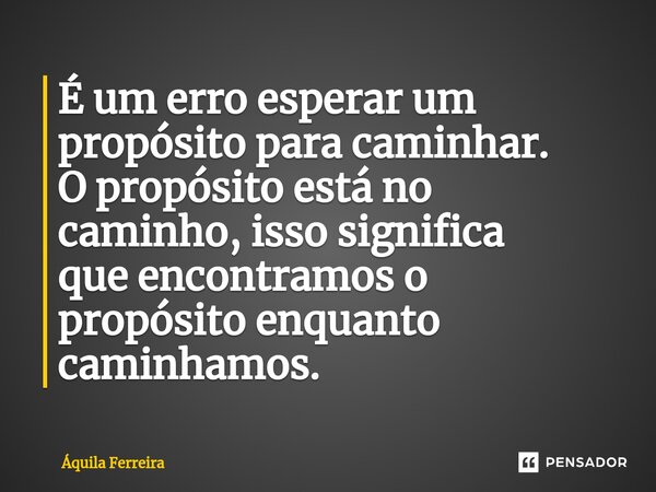 ⁠É um erro esperar um propósito para caminhar. O propósito está no caminho, isso significa que encontramos o propósito enquanto caminhamos.... Frase de Áquila Ferreira.