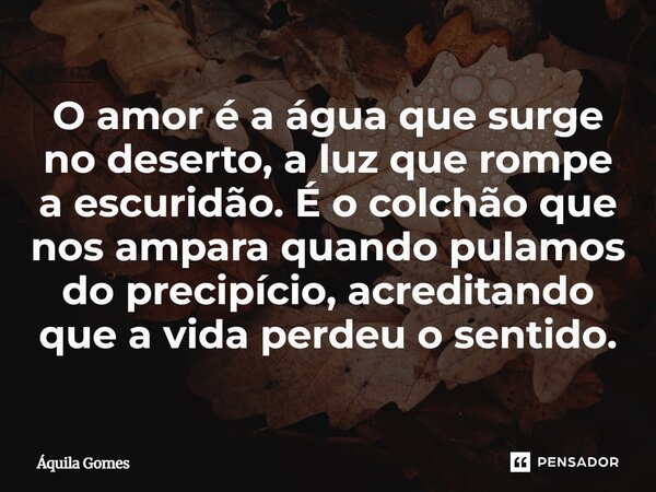 ⁠O amor é a água que surge no deserto, a luz que rompe a escuridão. É o colchão que nos ampara quando pulamos do precipício, acreditando que a vida perdeu o sen... Frase de Áquila Gomes.