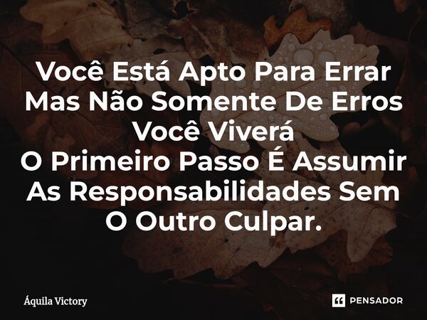 ⁠Você Está Apto Para Errar Mas Não Somente De Erros Você Viverá O Primeiro Passo É Assumir As Responsabilidades Sem O Outro Culpar.... Frase de Aquila Victory.