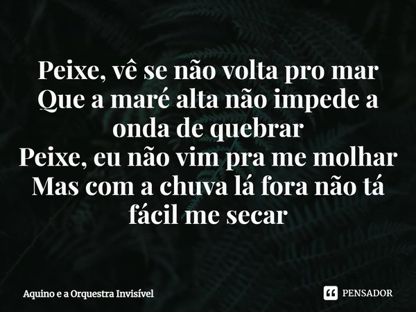 ⁠Peixe, vê se não volta pro mar
Que a maré alta não impede a onda de quebrar
Peixe, eu não vim pra me molhar
Mas com a chuva lá fora não tá fácil me secar... Frase de Aquino e a Orquestra Invisível.