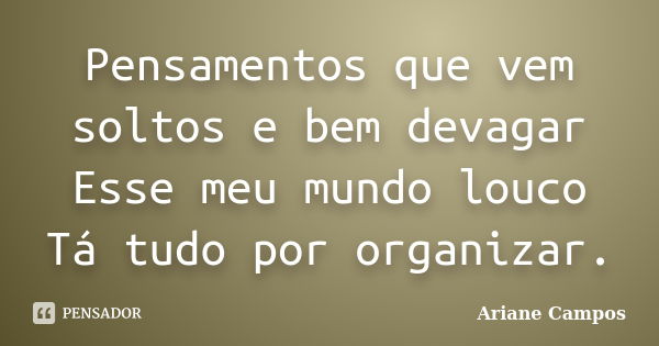 Pensamentos que vem soltos e bem devagar Esse meu mundo louco Tá tudo por organizar.... Frase de Ariane Campos.