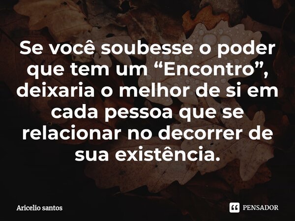 ⁠Se você soubesse o poder que tem um “Encontro”, deixaria o melhor de si em cada pessoa que se relacionar no decorrer de sua existência.... Frase de Aricelio santos.