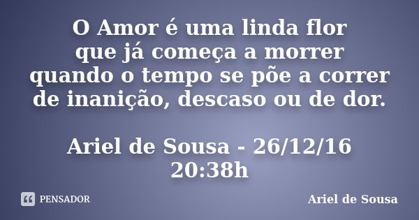 O Amor é uma linda flor que já começa a morrer quando o tempo se põe a correr de inanição, descaso ou de dor. Ariel de Sousa - 26/12/16 20:38h... Frase de Ariel de Sousa.