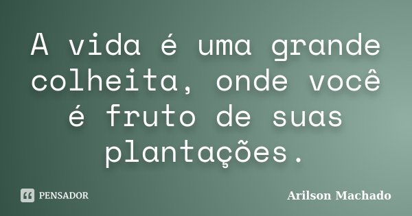 A vida é uma grande colheita, onde você é fruto de suas plantações.... Frase de Arilson Machado.