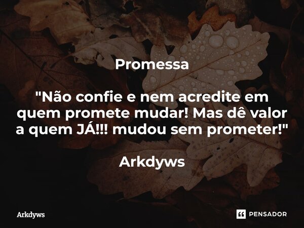 ⁠Promessa "Não confie e nem acredite em quem promete mudar! Mas dê valor a quem JÁ!!! mudou sem prometer!" Arkdyws... Frase de Arkdyws.
